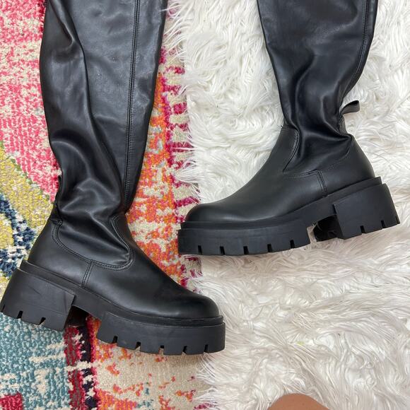 H&M Black Faux Leather Chunky Platform Over the Knee Boot 37 / 6 Concert Goth - Picture 4 of 8